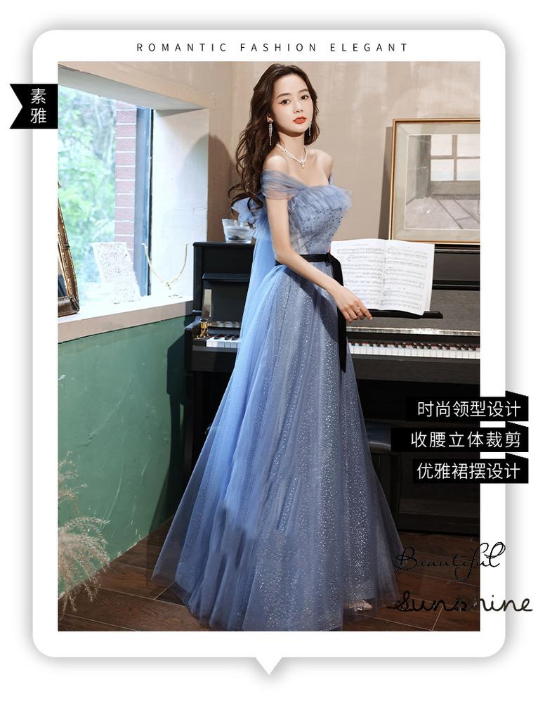 Blue evening dress 1011 summer new simple one-word shoulder elegant performance student art exam host dress