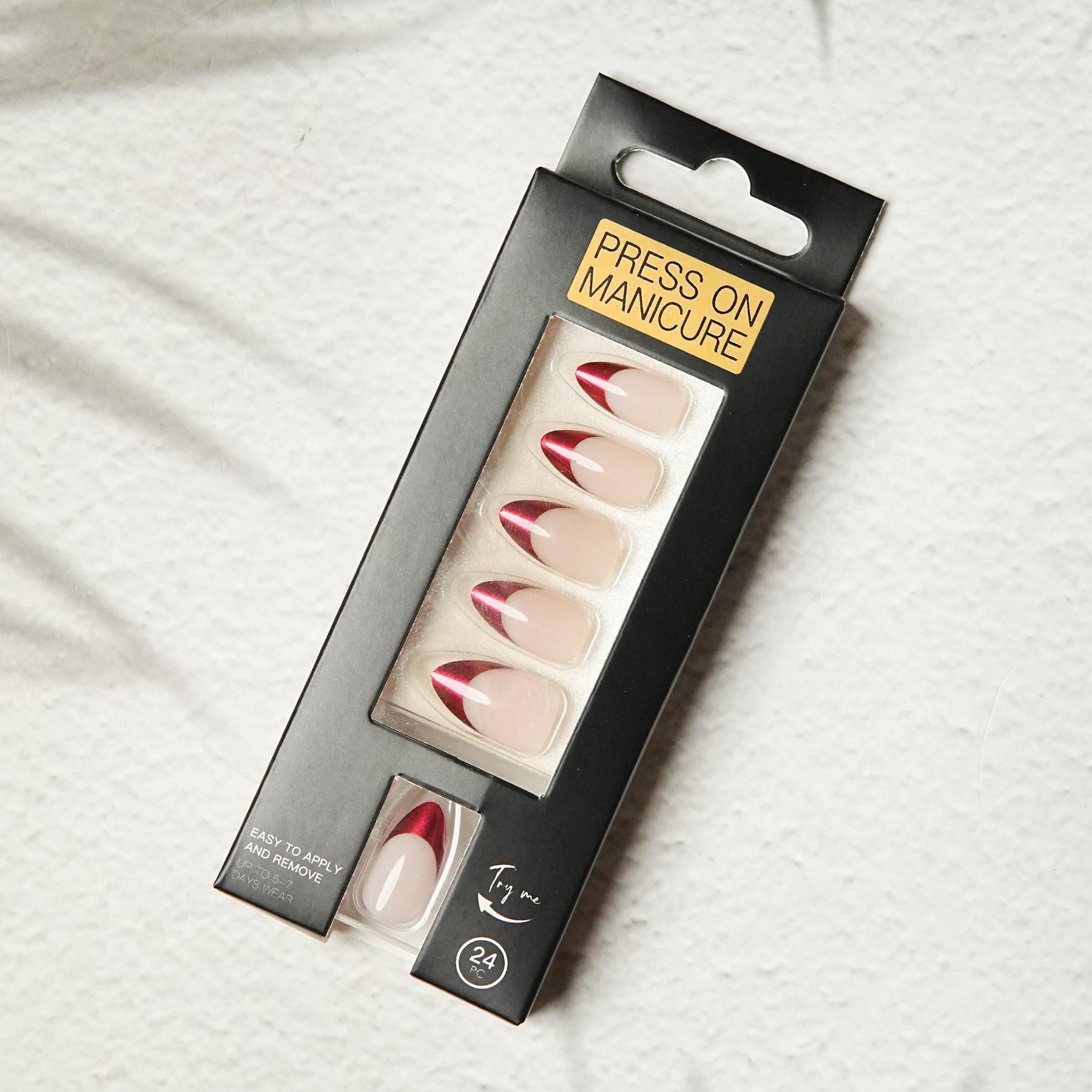 

Французский красный носимый готовый маникюр короткий миндаль эффект авроры европейский и американский накладные ногти милый