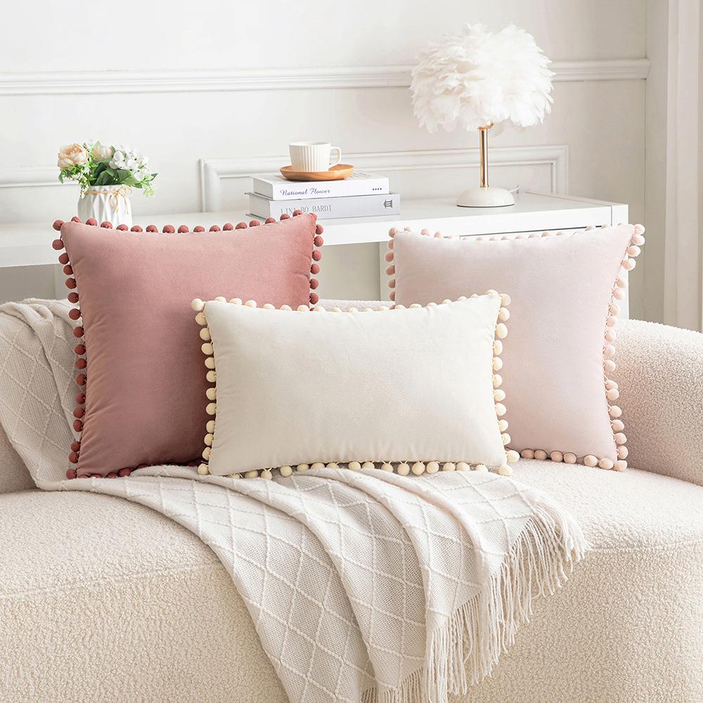 Heimstoff Samt Sofakissen, Wollkugelspitze Plüsch Kissenbezug ohne Kissenkern