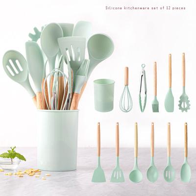 12Pcs Silicone Cooking Utensils Set Wooden Handle Kitchen Cooking Tool Non-stick Cookware Spatula Shovel Egg Kitchenware Beaters