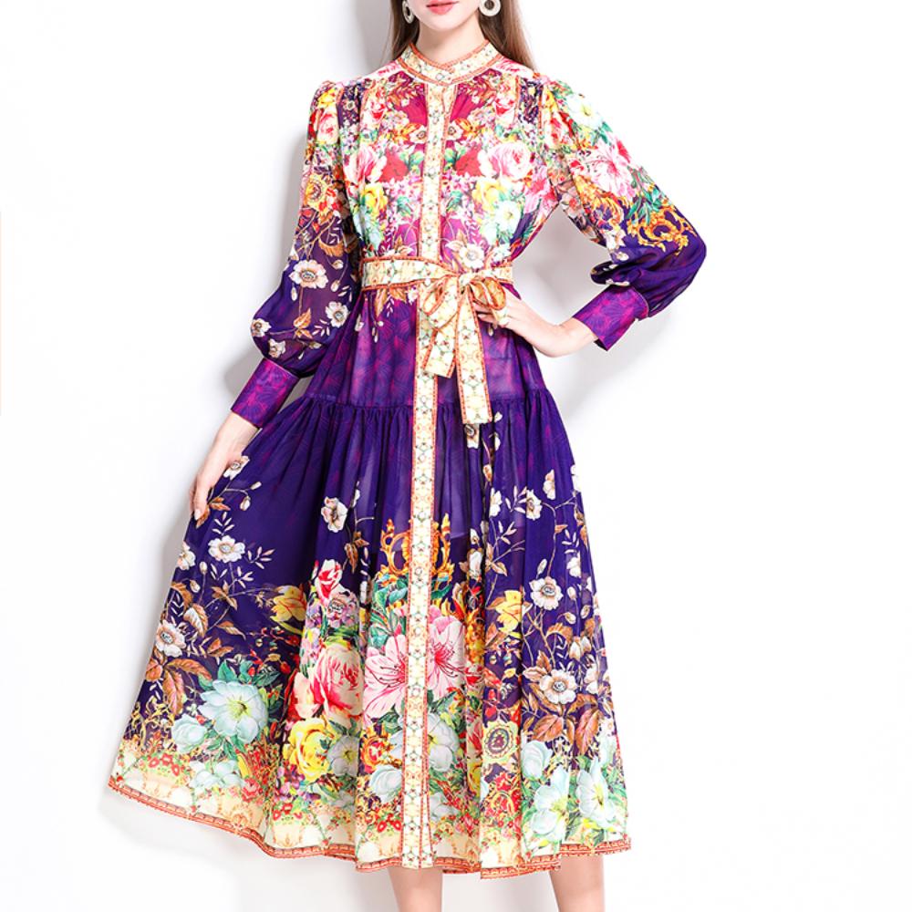 Spring Summer Women Lantern Sleeve Vintage Print Chiffon Oversize Loose Long Maxi Holiday Beach Dresses