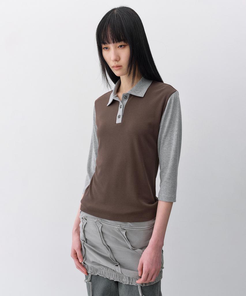 INSILENCE WOMEN Button Collar T-Shirt Brown
