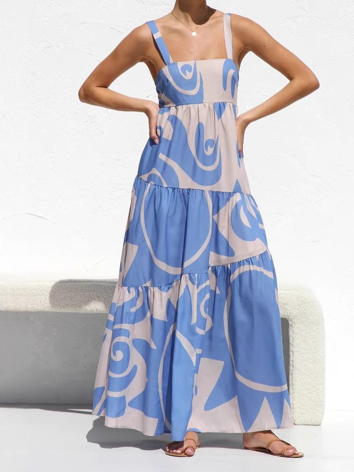2026 Cross-border European and American Women's Clothing Summer Amazon Vacation Style Graffiti Printing Splicing Suspender Pendulum Dress Women