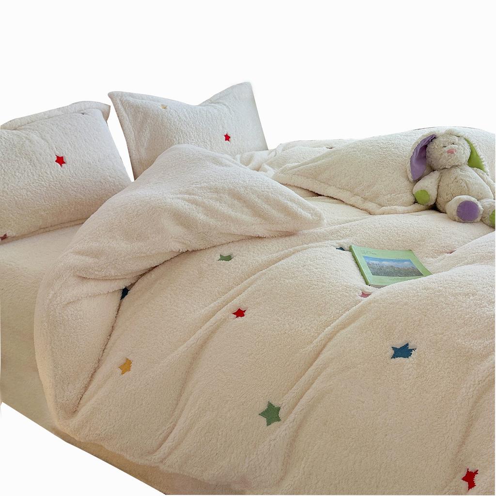 Thickened Milk Fleece Embroidery Bed Four-Piece Set Flange Coral Fleece Quilt Cover Bed Sheet People Children'S Mattress Bedding