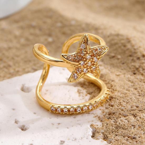 Gold Sea Animals Ring for Women Rhinestone Seahorse Turtle Dolphin Starfish Seashell Double Layer Adjustable Ring Bohemian Beach Jewelry Gift for