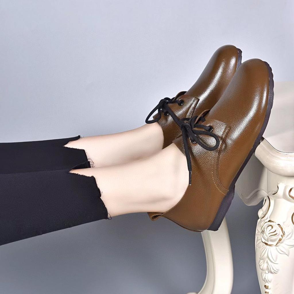 Round head single shoes women's autumn new first-layer cowhide lace-up soft sole soft surface casual shoes lazy shoes