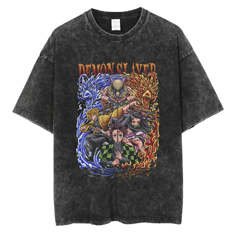 Anime Demon Slayer Kamado Tanjirou Printed T Shirt Men Women Washed Cotton Tshirts Manga Casual T-shirt Harajuku Male Tops