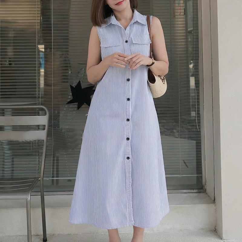 ZANZEA Women Casual Turn Down Collar Sleeveless Stripe Dress S синий