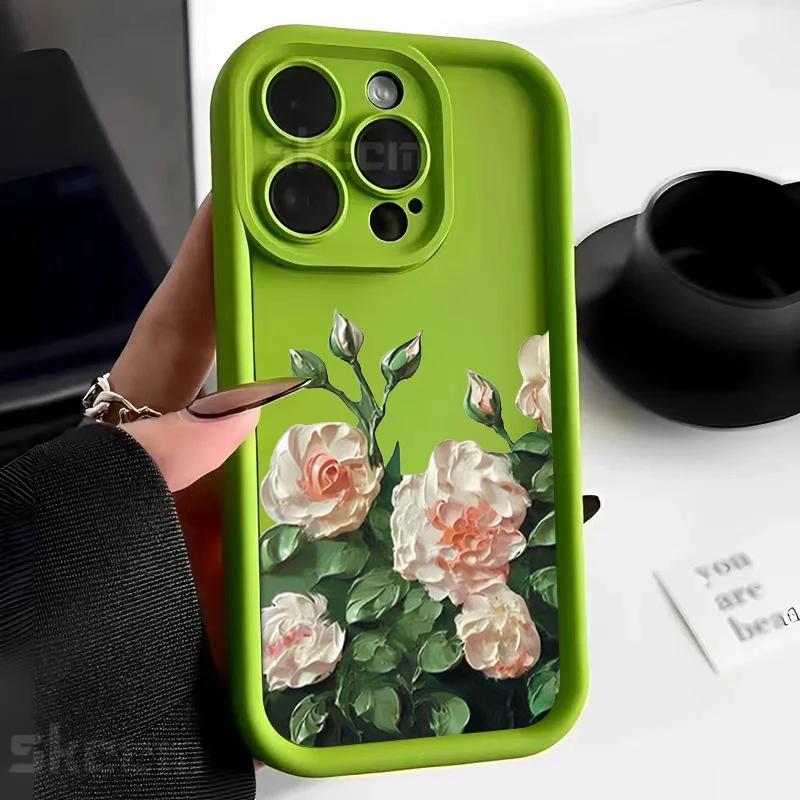 Oil Painting White Rose Flower Silicone Phone Case For iPhone 15 14 13 12 11 Pro Max XS X XR 7 8 Plus Shockproof Soft Cover