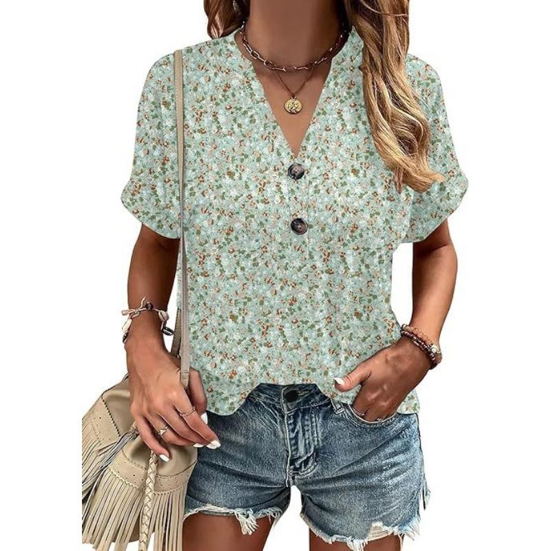 

Летний повседневный топ с V-образным вырезом, мелким цветочным принтом и короткими рукавами, пуговицами и свободного кроя, женская футболка XXL
