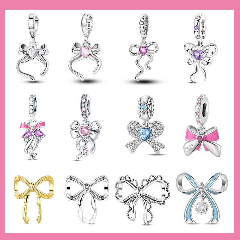 Copper Bow Charms Copper Pink Heart-Shaped Bow Pendants Charms Beads Fit Original Bangle Bracelets Diy Jewelry