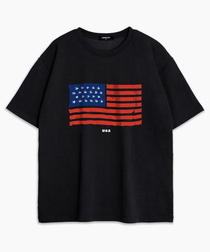 UNDEROFF Oversized Crew Neck Vintage American Flag Short Sleeve T-Shirt White