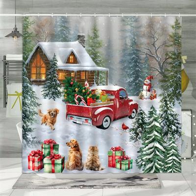 Christmas Shower Curtain, Winter Snowman Santa Claus Gnome Farm Farmhouse Cartoon Truck Christmas Tree Snowflake Bathroom Deco