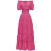 Vestido Largo Retro de Color Sólido para Mujer, Manga Corta, Cuello con Cordones, Cintura Fruncida