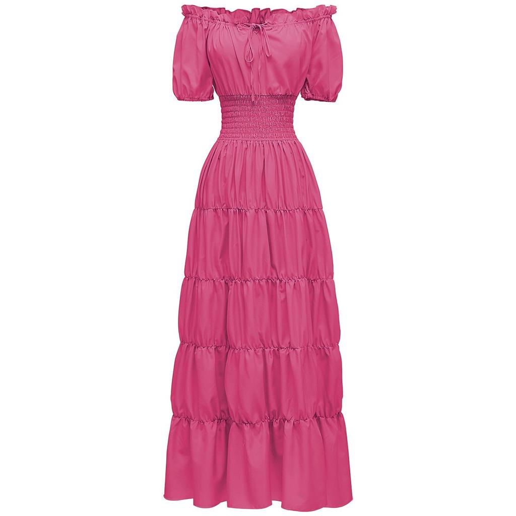 Vestido Largo Retro de Color Sólido para Mujer, Manga Corta, Cuello con Cordones, Cintura Fruncida