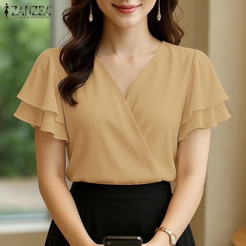 ZANZEA Women Summer V-Neck Ruffles Short Sleeve Casual Blouse