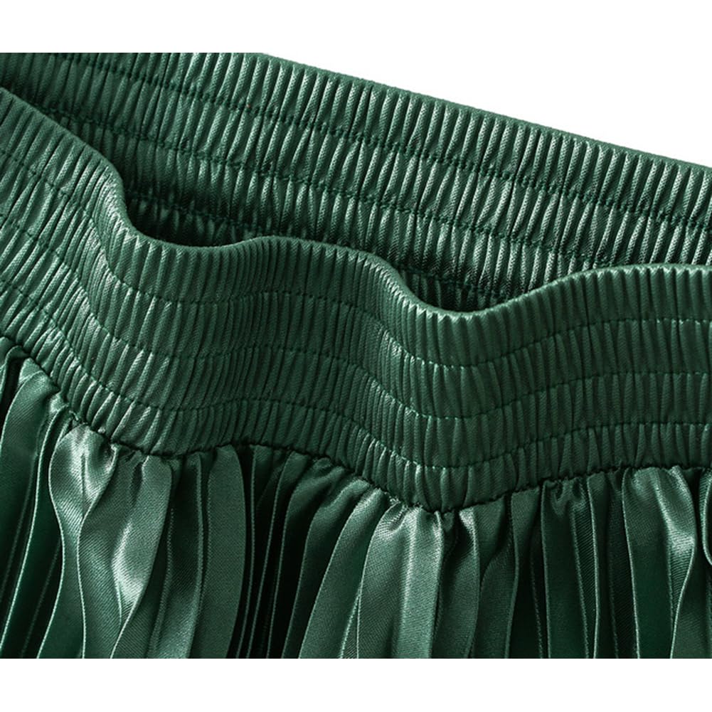 KANO SEIKA Pleated Long Flared Plus Elastic Everyday and Special Solid Green Women's Skirt, Skirt, Shiny, Size, A-Line Bottoms, Waist, Slimming,