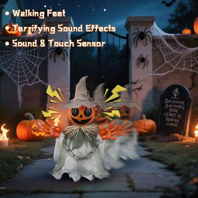 Halloween Animierte Dekorationen 16″ Laufender Kürbisgeist mit Sound und Berührungssensor für Innen- und Außenbereich, Hof, Rasendekor