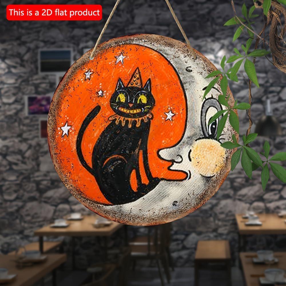 2d Flat 20*20cm, Halloween Home Decoration, Halloween Retro Black Cat and Moon Wooden Circular Creative Decoration Signboard, for Home, Kitchen Garden