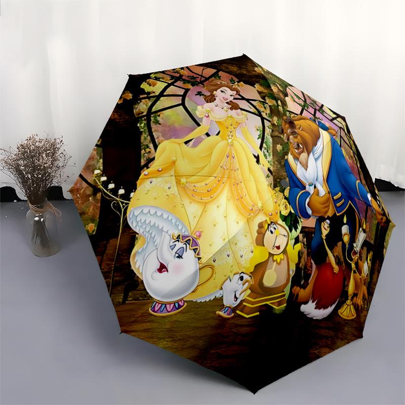 1pc Beauty and the Beast Auto Open Close Umbrella, Portable 3-Fold Design with 8-Bone Iron Frame, Outdoor Umbrella for Fans, Travelers, Dail