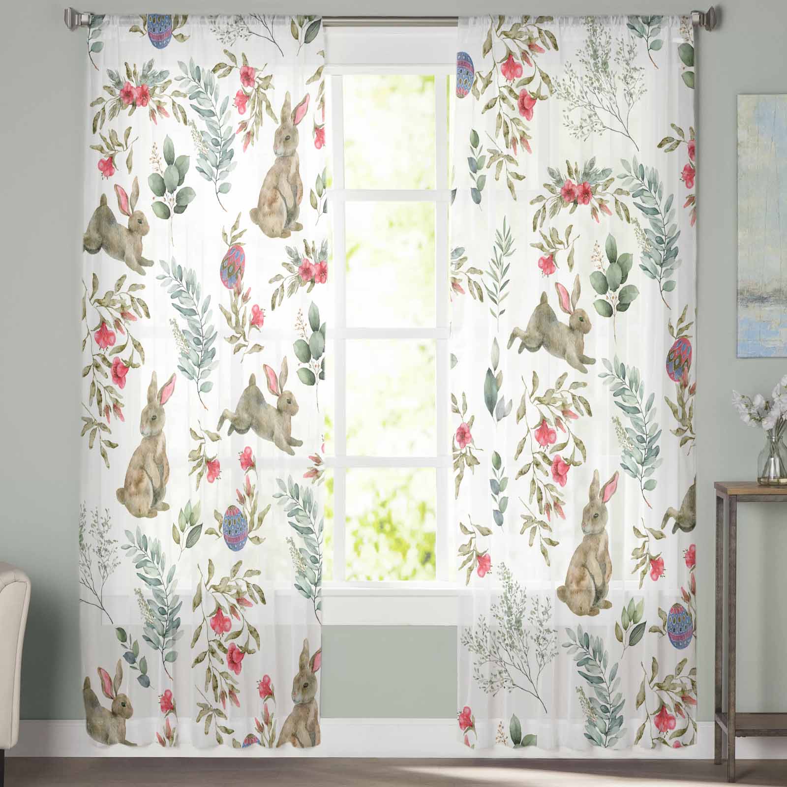 Акварельный кролик Цветок Пасха Спальня Шторы Тюль Прозрачная занавеска Гостиная Домашний — фото 4
