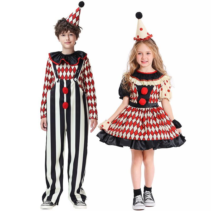 Costume de Clown pour Enfants Fête d'Halloween Spectacle de Cirque Unisexe Manches Longues Tenue de Scène à Rayures Design Dessin Animé