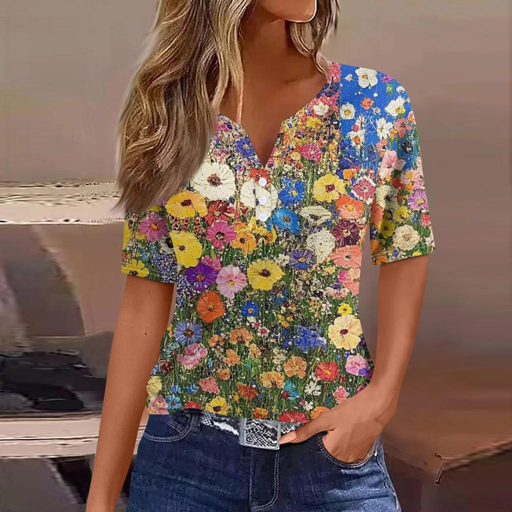 Women's T Shirt Tee Print Button Short Sleeve Daily Weekend Fashion Basic V- Neck Regular Top