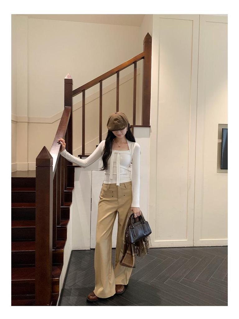 Women's Lace-Up Square Neck Slimming Crop T-Shirt for Autumn/Winter 2025