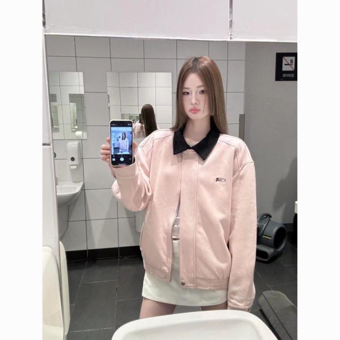 American Retro Pink Suede Baseball Jacket - Women s Spring/Autumn Loose Fit 2XL