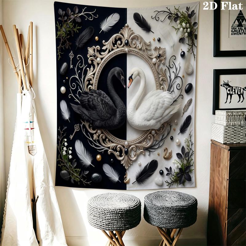 Black&White Swan Wall Tapestry Aesthetic Wall Hanging Printed Fabric Blanket Decorative Tapestries for Bedroom Living Room Home Decor