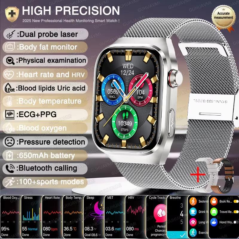 2025 New High-end Laser Detection Health HD Smart Watch Men ECG+PPG Precise BP Fat Uric Acid Call Sports Pulse Tracking Watche