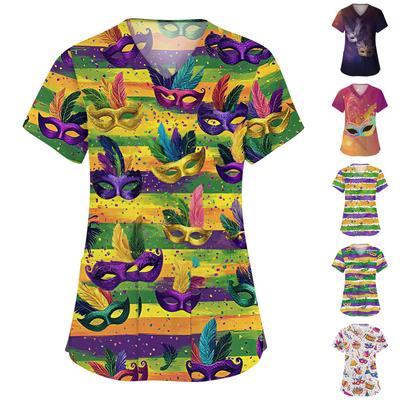 Women's Fashion V-neck Short Sleeve Workwear With Pockets Printed Tops