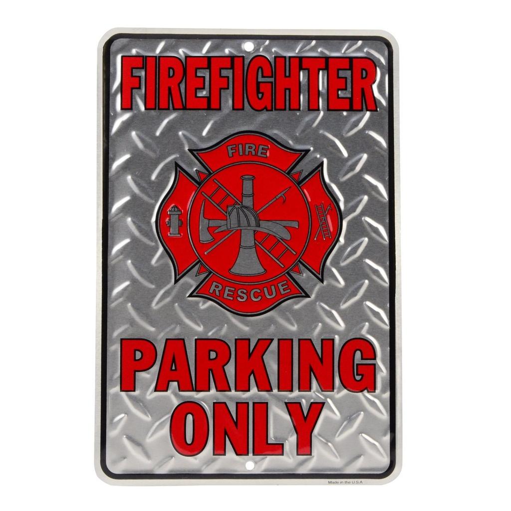 TGLLC Treasure Gurus Firefighter Parking Only Embossed Diamond Plate Tin Sign