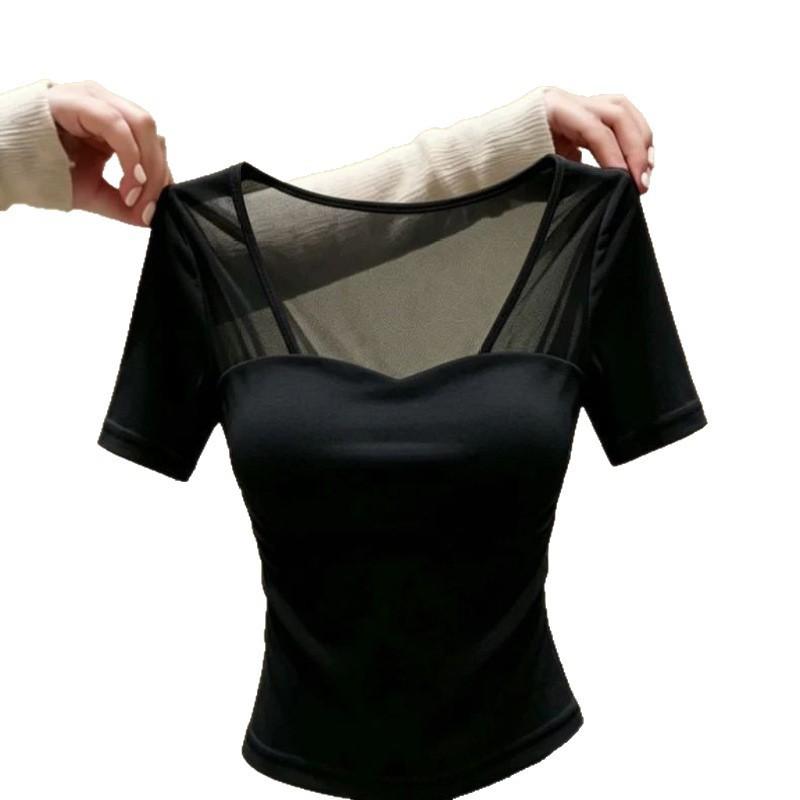 French pure desire style retro splicing gauze design square neck short-sleeved T-shirt women's summer new temperament top