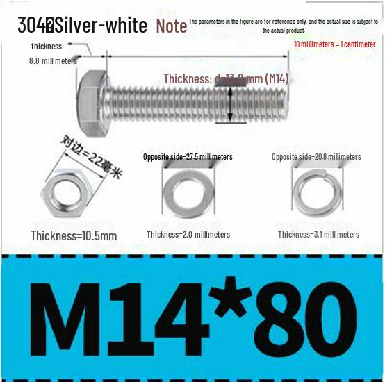 304 Stainless Steel Hex Head Bolt and Nut Set M6-M14, Lengths 8-100mm