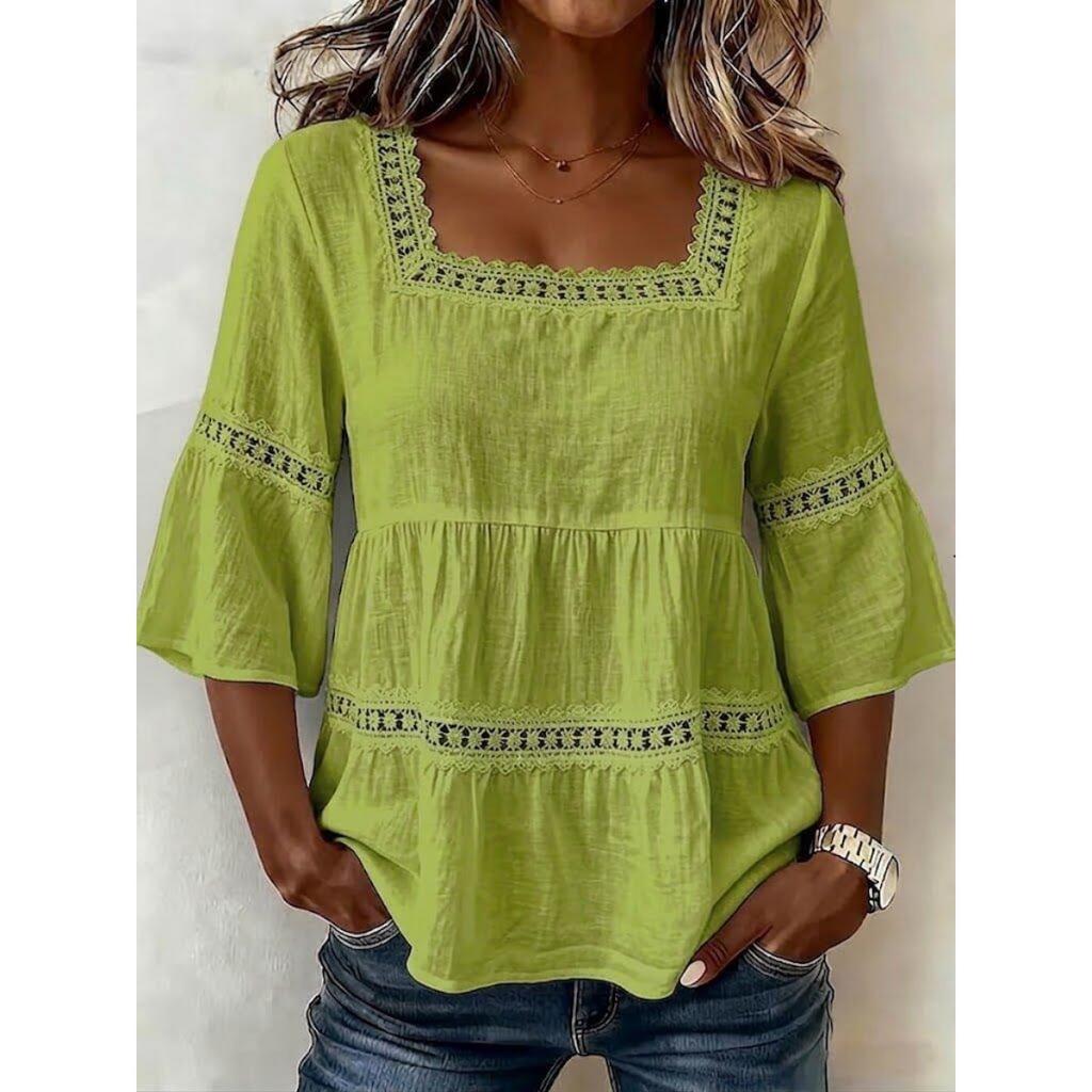 Zomer Dames Effen Linnen Katoen Vierkante Hals Top Kant Patchwork Driekwart Mouw Casual Blouse