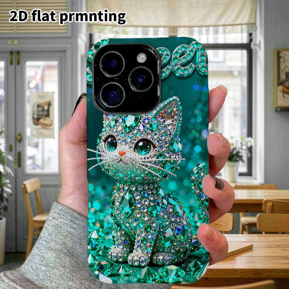 Phone Case: 2D Flat Design Suitable for iPhone 18, 17, 16, 15, 14, 13 Pro Film Protective Case, Couple Style, Gem Cat, Christmas and Halloween Gift