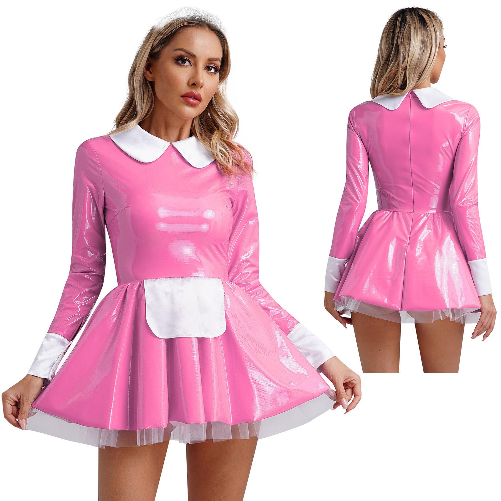 

Жіноча шкіряна сукня для покоївки, застібка, ляльковий комір, довгі рукави, сукня, міні-сукня трапеції рожевий