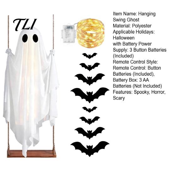 Halloween Hanging Swing Ghost Large Decoration, Light Up Spooky Swinging Courtyard Decorations with 3D Bats for Front Porch, Yard, Garden, Tree