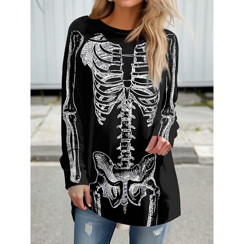 Women's Skull Pattern Printed Round Neck Long Sleeve T-shirt Fashion Casual Top Hoodie Clothing