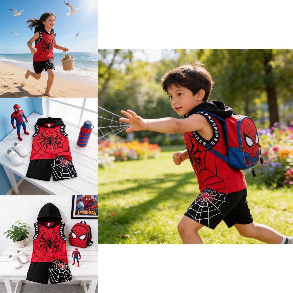 Spiderman Kinder Kurzarm Zweiteiler Set Mit Kapuzenpullover Baumwolle Sommer Outfit Für Kinder