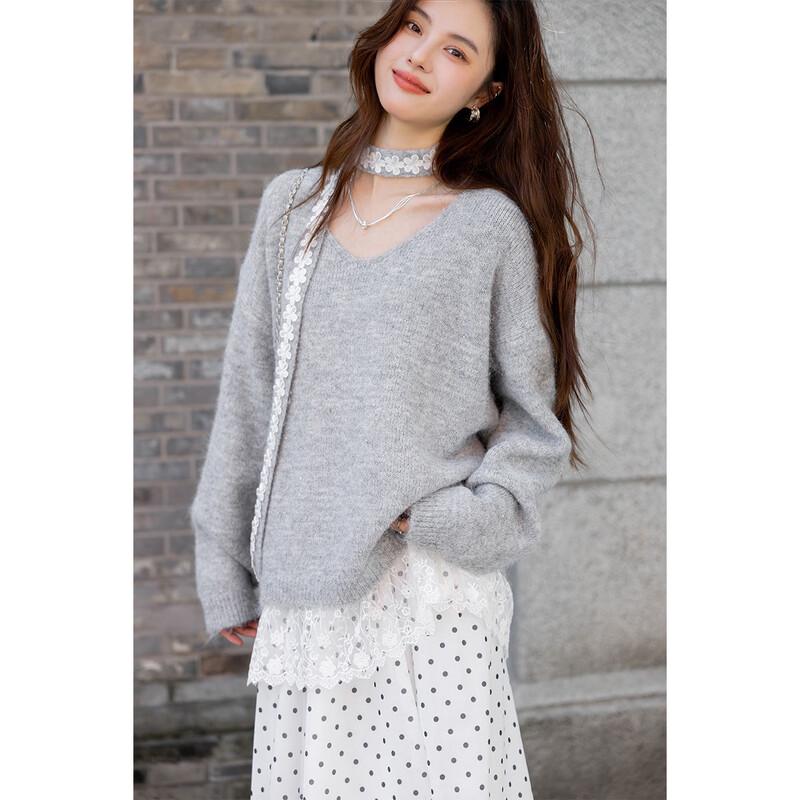 Mokana Autumn/Winter Tie-Neck Lace Panel Knit Sweater