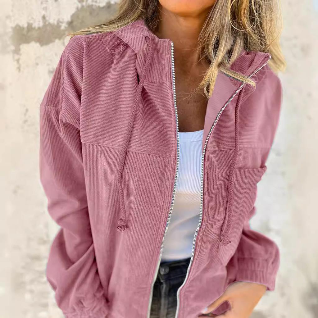 Women's Corduroy Hooded Jacket with Zip Front In Dark Grey, Khaki, Pink, and Blue