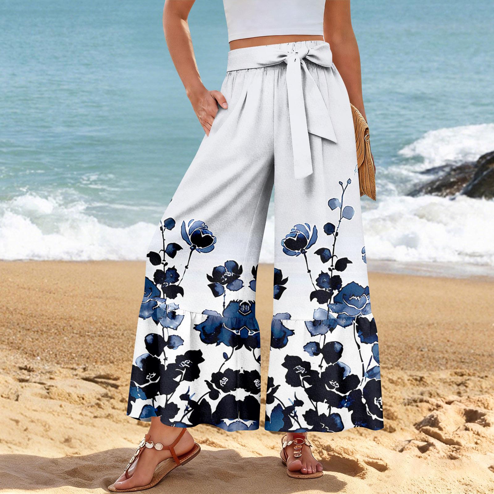 Women s Wide-Leg Casual Pants, Stretch, High Waist, Ruffled Hem, Wide Legs, Belted, And Pockets XL белый