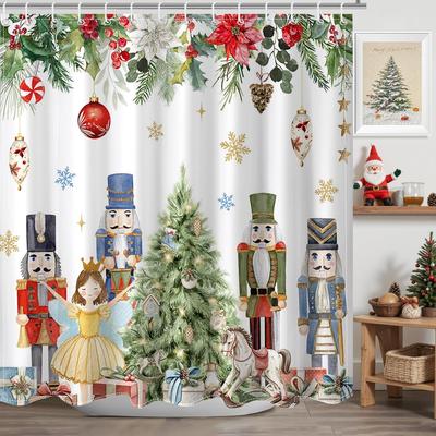 Cute Nutcrackers Xmas Balls Snowflake Shower Curtain with Winter Pine Design, Christmas Bathroom Decor for Festive Holiday Style