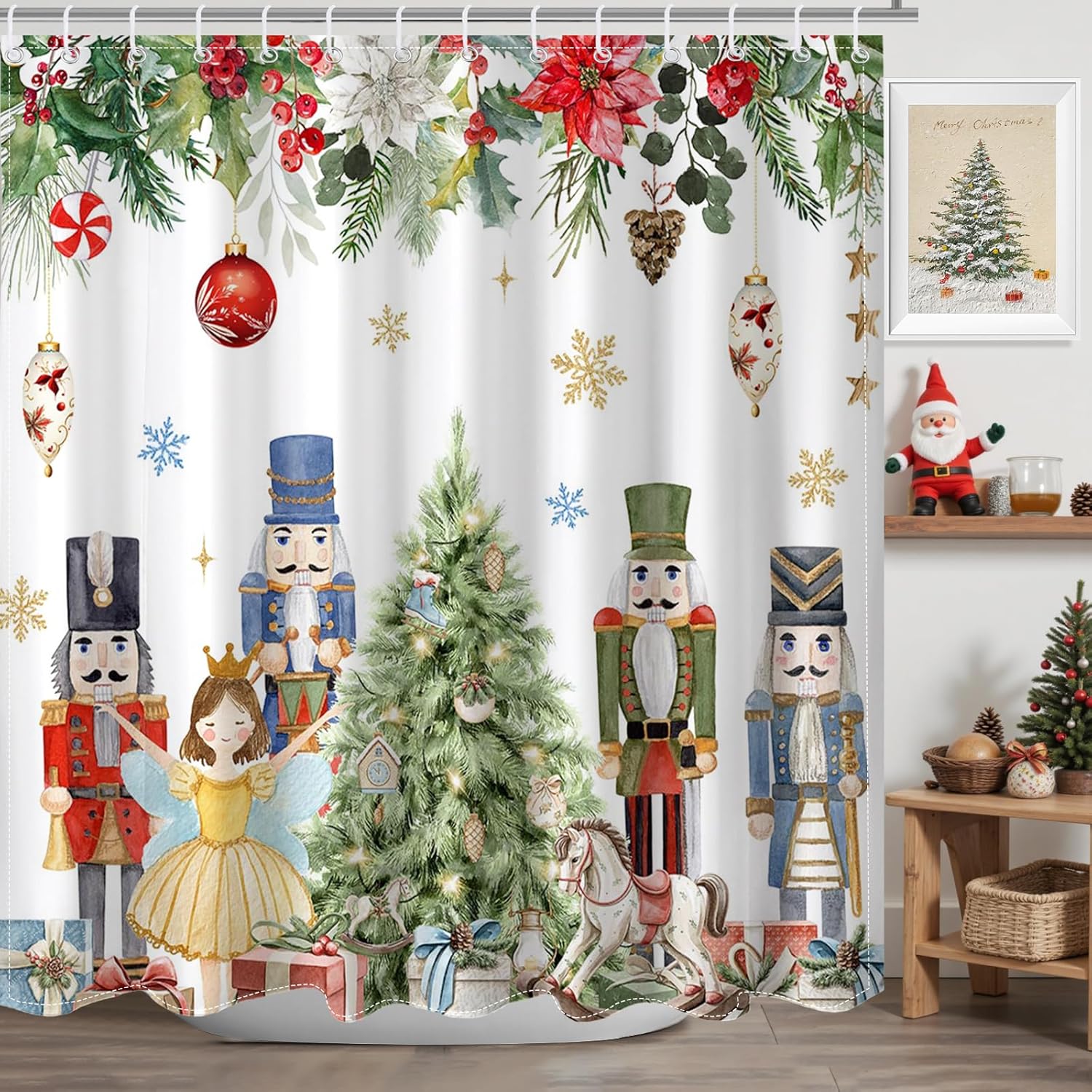 

Cute Nutcrackers Xmas Balls Snowflake Shower Curtain With Winter Pine Design, Christmas Bathroom Decor For Festive Holiday Style W60H190(CM)-1 Pcs