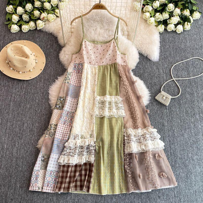 Yunnan Tourism Seaside Vacation Style Vintage Floral Splicing Sling Dress Female Summer Small Loose Long Dress