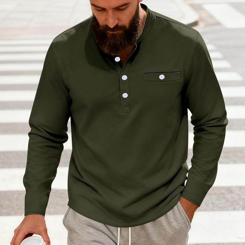 Men Solid Color Long Sleeve Round Neck Button Decor Casual Loose Polo Shirt