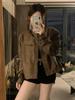 Americká retro hnědá motocyklová kožená bunda Ženy Módní Design Krátká ramenní vycpávka Bunda Grunge Estetický tenký kabát Streetwear
