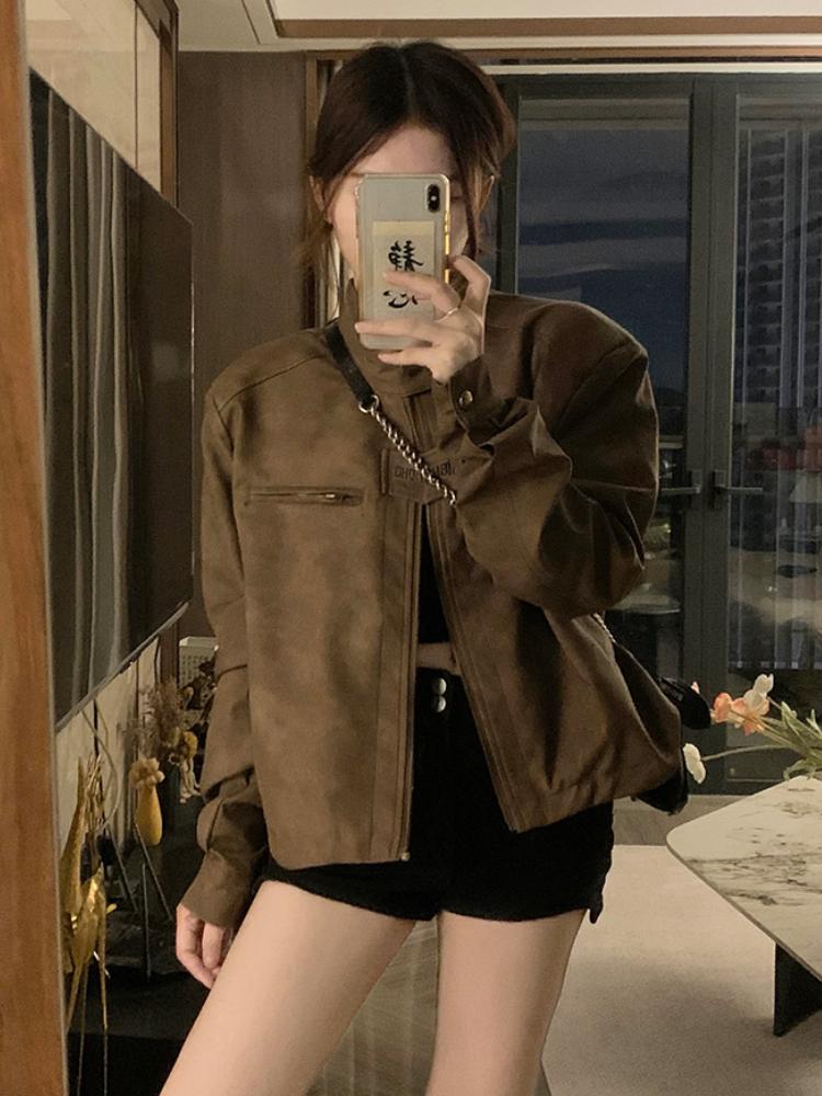 Americká retro hnědá motocyklová kožená bunda Ženy Módní Design Krátká ramenní vycpávka Bunda Grunge Estetický tenký kabát Streetwear